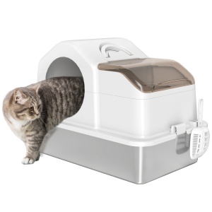Litiera pisici inchisa 60.5x40.5x42 cm, cuva inox 201, capac basculant, 2 rogojini anti-nisip, lopata inclusa, alb/argintiu - Verificat A · Re-Bloom