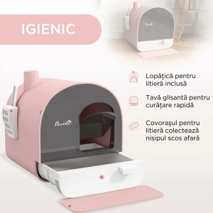 Litiera pisici inchisa cu filtre, lopatica, tavita detasabila, mat nisip, PP, 43x44x47cm, Roz/Gri - Verificat A · Re-Bloom - Img 4