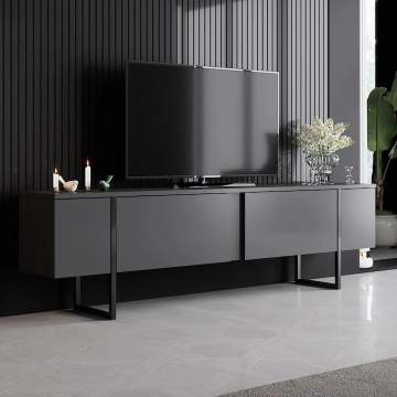 Luxe comoda TV 180x30x50 cm, PAL, 2 usi, rafturi, picioare metal, negru si antracit - Verificat A · Re-Bloom - Img 2