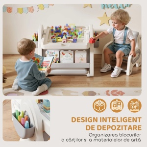 Masa multifunctionala pentru copii cu raft, sertare si tabla, HDPE/PP, masa 88x61x58cm + scaun 40x37x47cm, varsta 2-4 ani, capacitate 10kg masa/30kg scaun, 2 cutii depozitare incluse, gri/alb - Verificat A · Re-Bloom - Img 3