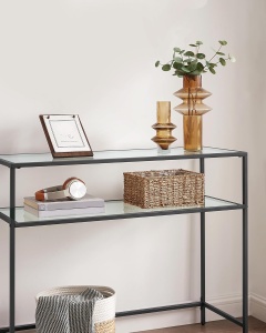 Masa tip consola Vasagle, metal/sticla, negru/transparent, 35 x 100 x 80 cm, Resigilat, Grad A - Img 2