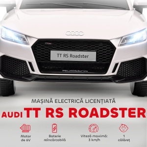 Masina electrica copii Re-Bloom Audi TT, 12V 30W, PP/metal, 102x60x44 cm, telecomanda, portiere, faruri LED, varsta 3-5 ani, 25 kg, alb - Verificat A · Re-Bloom - Img 6
