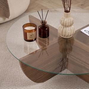 Masuta cafea Liya, blat sticla securizata + rama PAL melaminat 18mm, 90x90x30 cm, maro/transparent - Verificat A · Re-Bloom - Img 2
