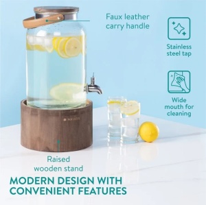 Navaris dozator bauturi 5.6L, suport lemn, robinet inox, maner piele, Transparent/Maro - Verificat A · Re-Bloom - Img 2