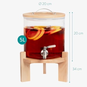 Navaris dozator bauturi sticla borosilicata cu stand lemn fag, 5L, Ø20x20cm, inaltime totala 34cm, 2.5kg, robinet inox/silicon, capac lemn/inox, compatibil masina spalat vase, maro - Verificat A · Re-Bloom - Img 2
