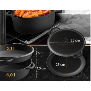 Oala cu capac Steinzeitwerk din fonta, 6 l, 2in1, pentru cuptor, plita, gaz, electric, cu inductie, ovala, 35x25x17 cm, Negru, Resigilat, Grad A - Img 2