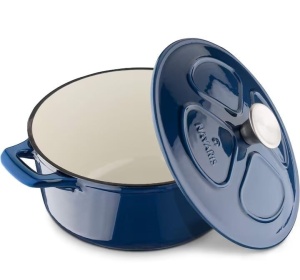 Oala fonta emailata Navaris, albastru, cu capac, pentru cuptor, plita, gaz, electric, cu inductie, cu infrarosu, 24 cm, 3.5 l, Resigilat, Grad B - Img 4