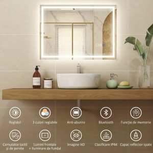 Oglinda baie anti-aburire cu LED reglabil, difuzor Bluetooth, butoane tactile, IP44, sticla securizata, 70x50cm, Argintiu - Verificat A · Re-Bloom - Img 6