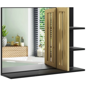 Oglinda de baie cu 4 rafturi, bambus/MDF/sticla, negru/natur, 45 x 15 x 58,5 cm, Resigilat, Grad A