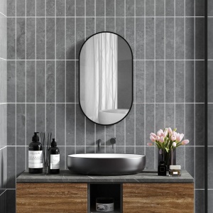 Oglinda de perete pentru baie Re-Bloom, aluminiu/MDF/sticla, negru, 40 x 70 x 3 cm, Resigilat, Grad A - Img 5