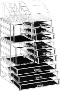Organizator pentru machiaj XXL Songmics, acril, transparent/negru, 23,5 x 13,7 x 40 cm, Resigilat, Grad A