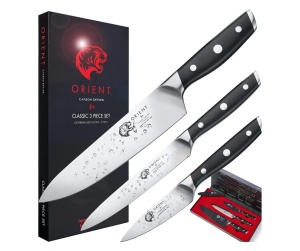 Orient Carbon Series set 3 cutite bucatarie, otel inoxidabil german X50 Ultra+ 56HRC, cutit bucatar 20cm + utilitar 15cm + legume 9.5cm, capace protectie incluse, negru - Verificat B · Re-Bloom - Img 1