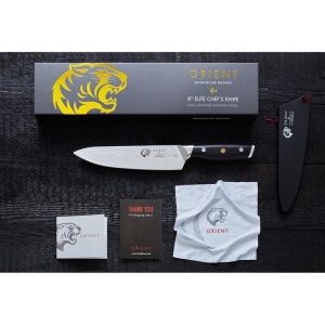 Orient Origin Series cutit profesional bucatar Damasc, otel japonez AUS-10 61HRC, 20cm, 67 straturi otel Damasc, unghi 7-13°, maner ergonomic, negru - Verificat A · Re-Bloom - Img 4