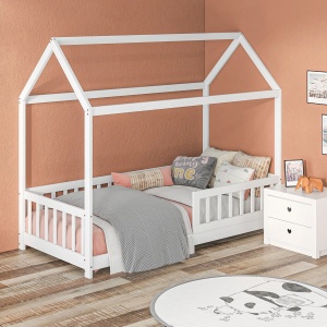 Pat Montessori casuta pentru copii Re-Bloom, lemn de pin, 96x195x165 cm, 15 sipci, bariere protectie 44 cm, saltea 90x190 cm, 120 kg, alb - Verificat A · Re-Bloom - Img 3