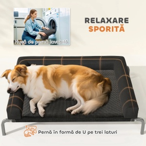 Pat ridicat pentru caini cu perna U, Oxford/Textiline/bumbac PP/otel, 110x75x30 cm, suprafata 94x75cm, inaltime picioare 19.5cm, perna 10cm, negru/argintiu - Verificat A · Re-Bloom - Img 5
