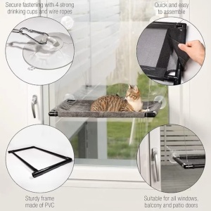 Pat suspendat pentru pisici, Amazy, cu prindere pe geam, tip hamac, montaj cu ventuze, 60x35 cm, Resigilat, Grad A - Img 4
