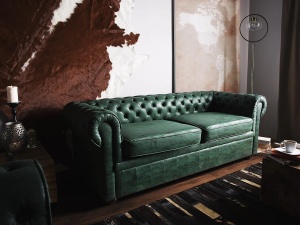 Produs Resigilat Canapea Chesterfield 3 locuri Re-Bloom, piele ecologica/eucalipt/stejar, 195x76x70 cm, arcuri sinuoase, spuma, 250 kg/persoana, verde - Verificat A - Img 2