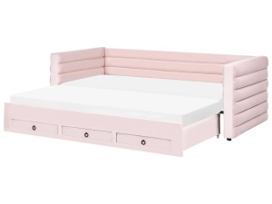 Produs Resigilat Canapea extensibila cu depozitare Re-Bloom Meudon, catifea/placaj/MDF, 235x105-180x75 cm, somiera 16 lamele, suprafata dormit 90-180x200 cm, 150 kg, roz pastel - Verificat A