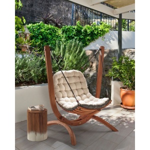 Produs Resigilat Leagan de gradina Re-Bloom Alliste, lemn de larice/poliester 100%, 125x100x142 cm, 120 kg, perna inclusa, maro/bej deschis - Verificat A - Img 2