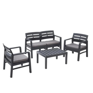 Progarden set mobilier gradina Java 4 piese, polipropilena, canapea 2L 121x58x74 cm + 2 scaune 63x58x74 cm + masa 74x55x38 cm, perne incluse, antracit - Verificat A · Re-Bloom
