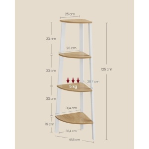 Raft de colt cu 4 etaje VASAGLE, tip biblioteca, cadru metal si polite lemn, 34x34x125 cm, alb si maro, Resigilat, Grad A - Img 3