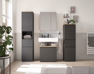 Rookerie dulap de baie 60x136x31 cm, 2 usi, 1 sertar, 2 rafturi, MDF/PAL negru mat cu accente stejar - Verificat A · Re-Bloom - Img 2