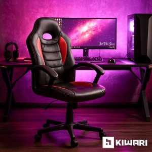 Scaun gaming, material PU+PVC, cadru lemn, baza nylon, mecanism reglabil, brate fixe, roti silentioase, inaltime ajustabila, Negru, Resigilat, Grad A - Img 2