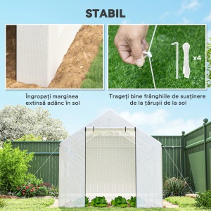 Sera de gradina tip tunel, otel galvanizat/polietilena 140gsm, 200x300x200 cm, usa 100x165cm + ferestre 60x40cm rulabile, rezistenta vant nivel 4, anti-UV, alb - Verificat A · Re-Bloom - Img 5