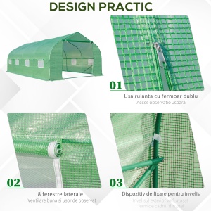 Sera pentru gradina Re-Bloom, cadru otel/PE 140g/m², 6x3x2 m, ferestre 40x40 cm, 4 franghii + 4 suruburi incluse, verde - Verificat A · Re-Bloom - Img 4