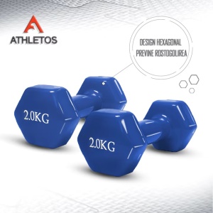 Set 2 gantere, 2 x 2 kg, interior fonta, acoperire vinil, forma hexagonala, pentru antrenament cu greutati si fitness, Albastru, Resigilat, Grad B - Img 3