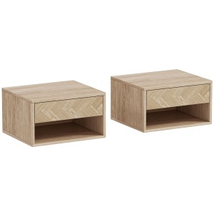 Set 2 noptiere suspendate dormitor 37x32x21 cm, sertar + compartiment deschis, melamina, lemn natural - Verificat A · Re-Bloom