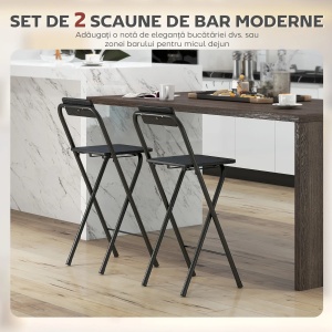 Set 2 scaune de bar pliabile, suport picioare, MDF/otel, 37x45x87cm, Negru - Verificat A · Re-Bloom - Img 5