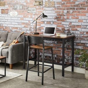 Set 2 scaune de bar Vasagle, inalte cu spatar, cadru metalic, sezut MDF, industrial, 51x43x97cm, maro rustic si negru, Resigilat, Grad A - Img 2