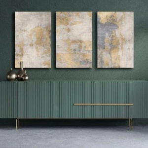 Set 3 tablouri decorative canvas, 3x45x70 cm, dimensiune totala 145x70 cm, panza 100% 2.8mm, cadru lemn pin 100%, gri/auriu - Verificat A · Re-Bloom