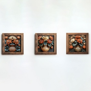 Set 3 tablouri decorative model floral, MDF/lemn, 16x16 cm, multicolor - Verificat A · Re-Bloom
