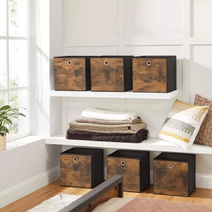 Set 6 cutii de depozitare, carton/panza Oxford, maro rustic/negru, 30 x 30 x 30 cm, Resigilat, Grad A - Img 3
