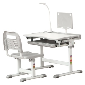 Set birou si scaun pentru copii Re-Bloom, reglabile, LED, MDF/otel/polipropilena, gri, Resigilat, Grad A