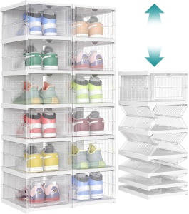 Set de 2 organizatoare pliabile pentru incaltaminte Songmics, polipropilena, transparent/alb, 51,2 x 35,5 x 105 cm, Resigilat, Grad A