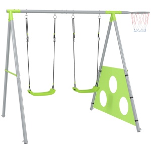 Set de joaca copii 3in1 cu leagan, cos baschet, poarta fotbal, 238x180x182cm, Verde/Gri - Verificat A · Re-Bloom