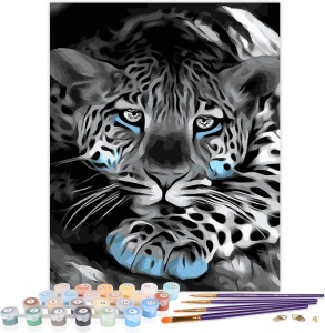 Set de pictura cu numere Kealux, vopsea acrilica, model leopard, alb/gri/negru, 40 x 50 cm