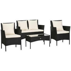 Set gradina 4 piese Re-Bloom, otel/ratan PE/poliester/sticla, 2 scaune 58x60x81 cm + fotoliu 2 locuri 101x60x81 cm + masa 71x41x38 cm, negru/crem - Verificat A · Re-Bloom