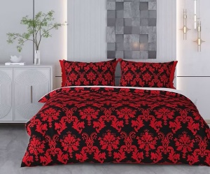 Set husa pilota + fata de perna, 70% bumbac/30% poliester, 155x220 cm + 80x80 cm, imprimeu pigmentat, lavabil 30°C, rosu/negru - Verificat A · Re-Bloom