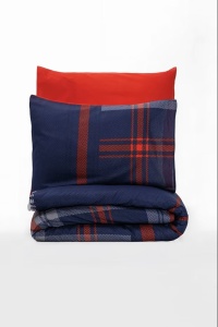 Set husa pilota + fata de perna, bumbac ranforce 100%, 155x220 cm + 80x80 cm, albastru inchis/rosu/alb - Verificat A · Re-Bloom