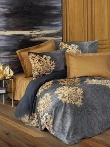 Set husa pilota + fata de perna, satin bumbac 100%, 135x200 cm + 80x80 cm, gri/auriu - Verificat A · Re-Bloom