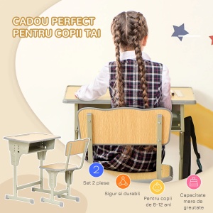 Set masa si scaun copii reglabil Re-Bloom, PP/MDF/otel, masa 60x40x58-76 cm + scaun 40x36x70-78 cm, varsta 6-12 ani, 100/150 kg, lemn natur - Verificat A · Re-Bloom - Img 6