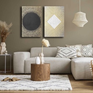 Set tablou decorativ Re-Bloom, 2 piese, model geometric, lemn/panza, auriu/negru/alb, 45 x 70 cm - Img 3