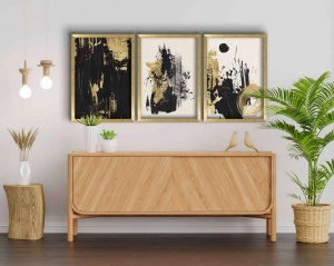 Set tablou decorativ Re-Bloom, 3 piese, lemn masiv/MDF, alb/negru/auriu, 38 x 53 x 3,5 cm - Img 4