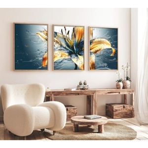 Set tablou decorativ Re-Bloom, 3 piese, model crin, MDF/lemn masiv, albastru/auriu, 50 x 70 cm - Img 3