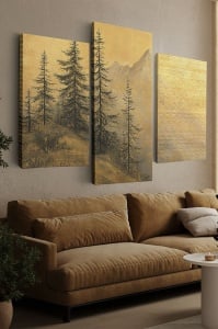 Set tablou decorativ Re-Bloom, 3 piese, model padure, panza/lemn, negru/auriu, 40 x 60 x 3 cm