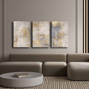 Set tablou decorativ Re-Bloom, 3 piese, panza/lemn, gri/auriu, 145 x 70 cm - Img 3